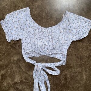 Hollister Pale Blue Floral Tie-Back Crop Top